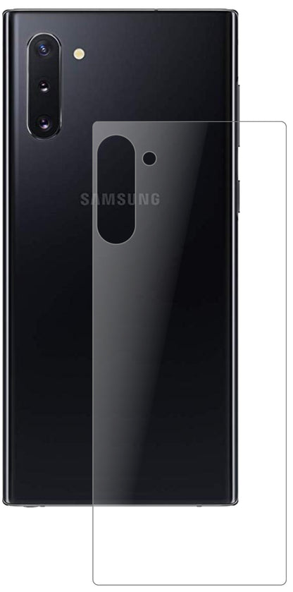 SamsungGalaxy Note 10 5G Rückseite mit aufgebrachter dipos Panzerfolie, die lästige Fingerabdrücke minimiert