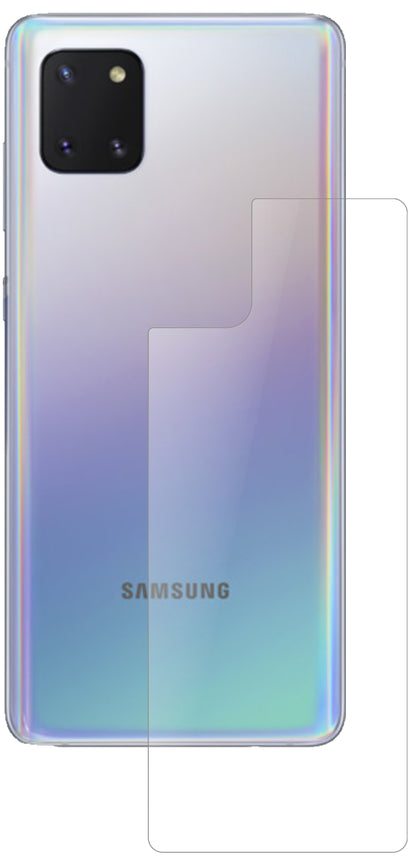SamsungGalaxy Note 10 Lite Rückseite mit aufgebrachter dipos Panzerfolie, die lästige Fingerabdrücke minimiert