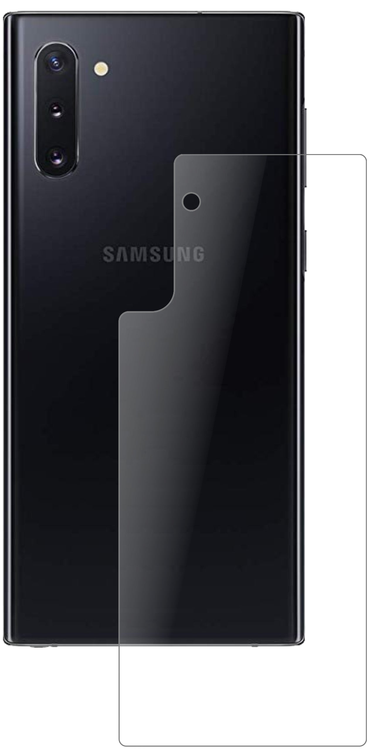 SamsungGalaxy Note 10 Rückseite mit aufgebrachter dipos Panzerfolie, die lästige Fingerabdrücke minimiert