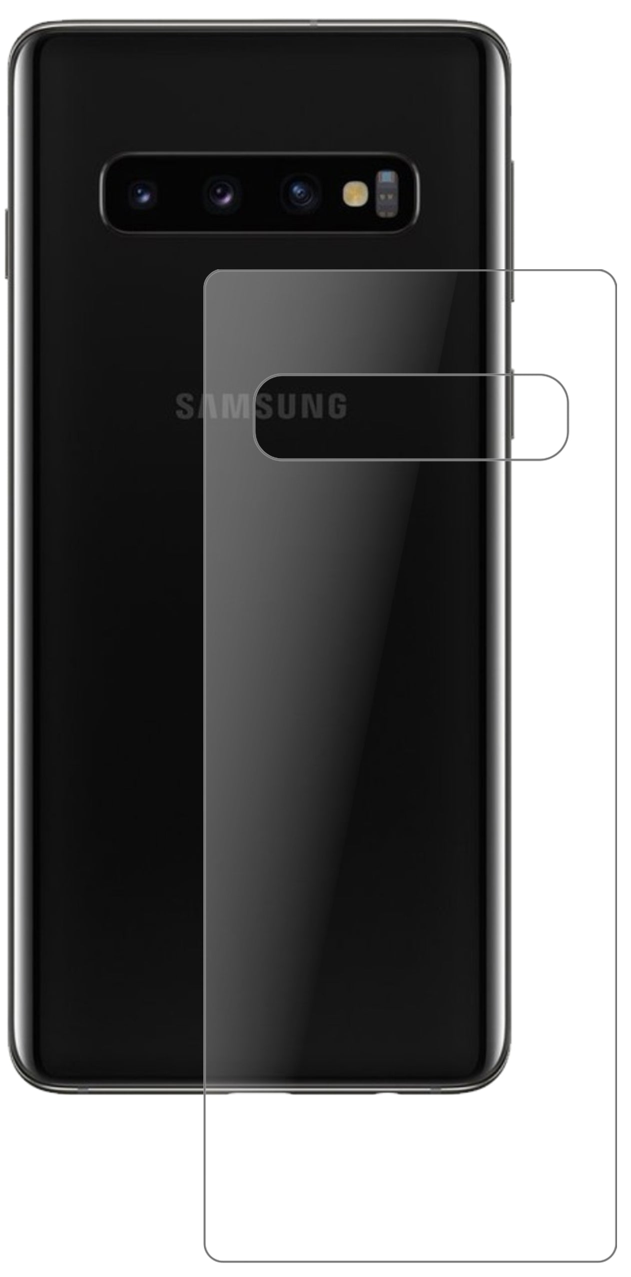 SamsungGalaxy S10 Rückseite mit aufgebrachter dipos Panzerfolie, die lästige Fingerabdrücke minimiert