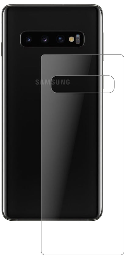 SamsungGalaxy S10 Rückseite mit aufgebrachter dipos Panzerfolie, die lästige Fingerabdrücke minimiert