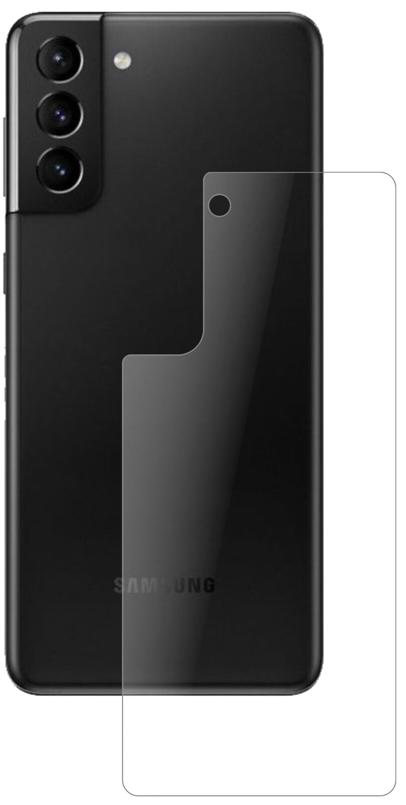 SamsungGalaxy S21 Plus Rückseite mit aufgebrachter dipos Panzerfolie, die lästige Fingerabdrücke minimiert