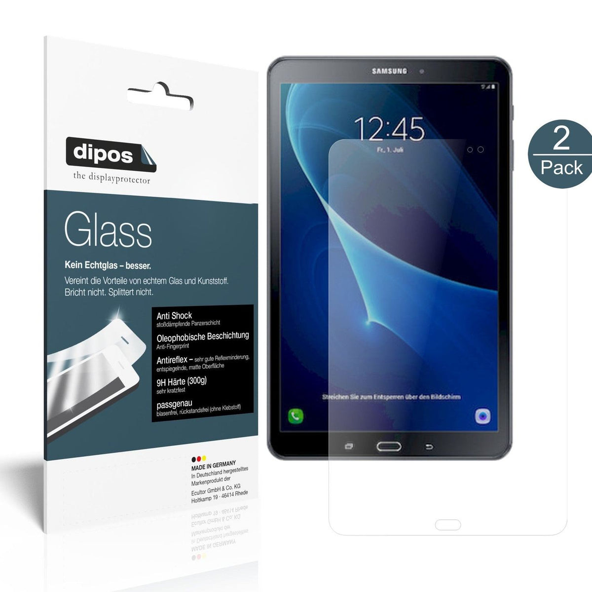 SamsungGalaxy Tab A 10.1 (2016) mit aufgebrachter dipos Panzerfolie, die lästige Fingerabdrücke minimiert