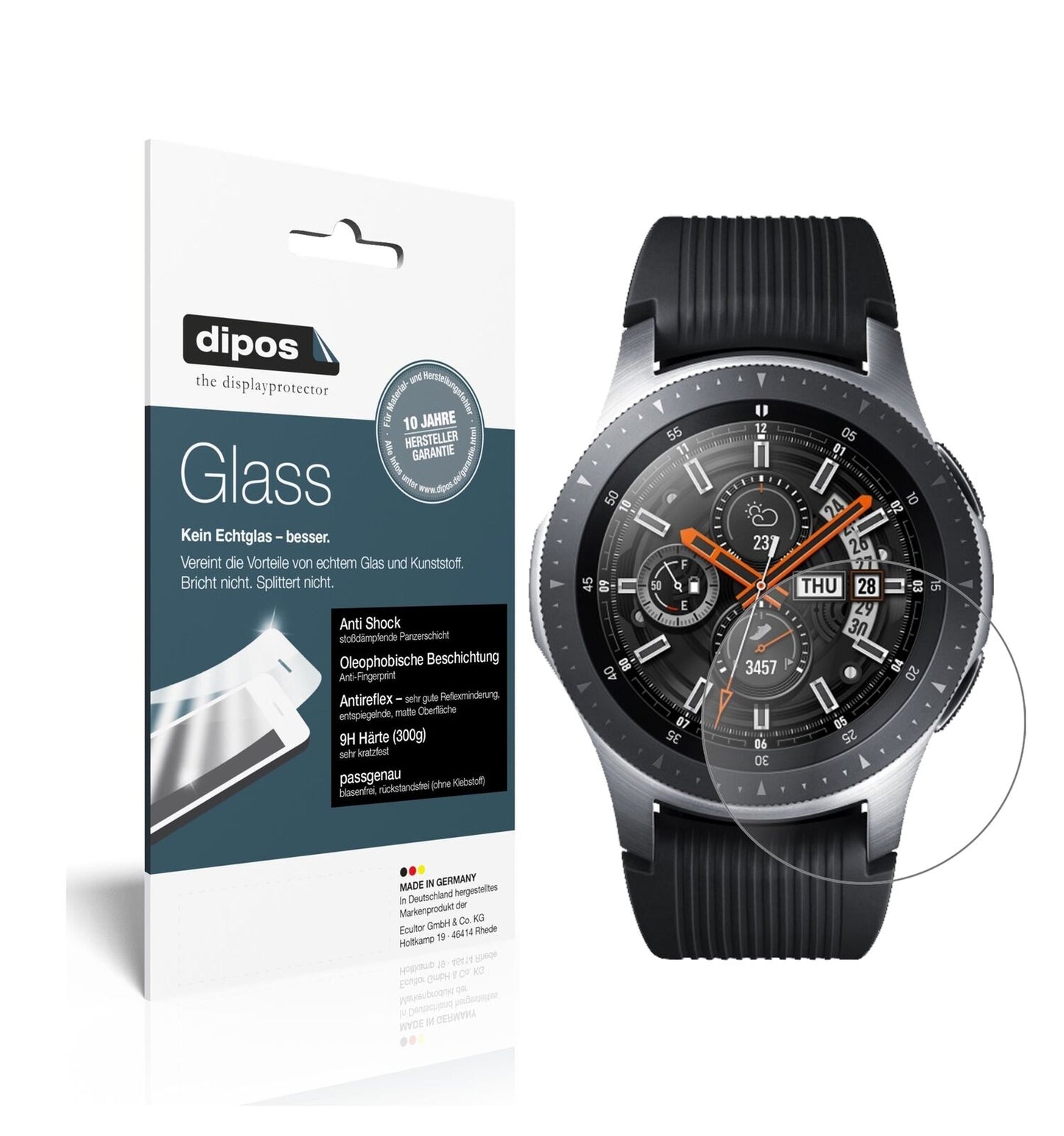 SamsungGalaxy Watch 46mm mit aufgebrachter dipos Panzerfolie, die lästige Fingerabdrücke minimiert
