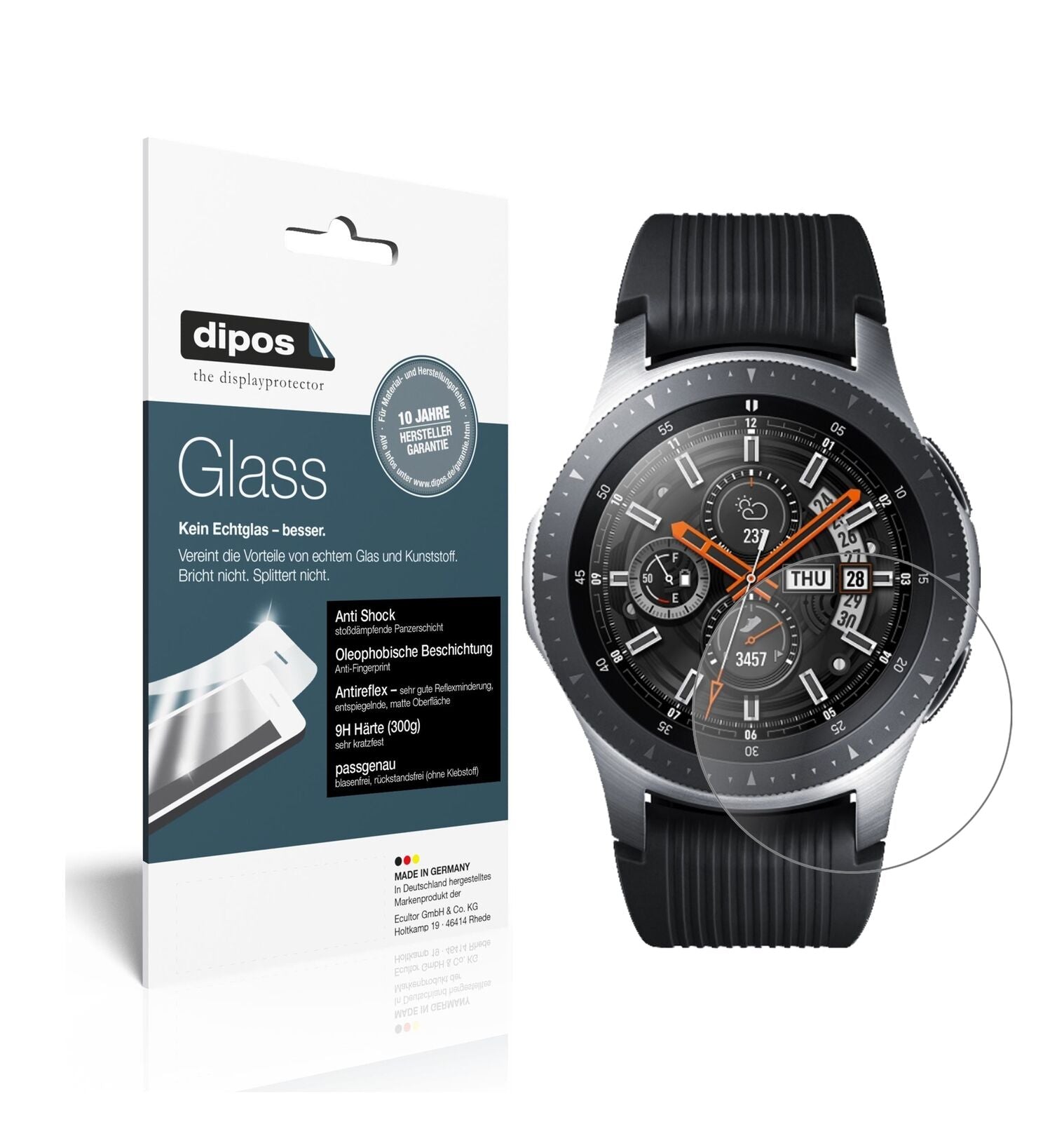 SamsungGalaxy Watch 46mm mit aufgebrachter dipos Panzerfolie, die lästige Fingerabdrücke minimiert