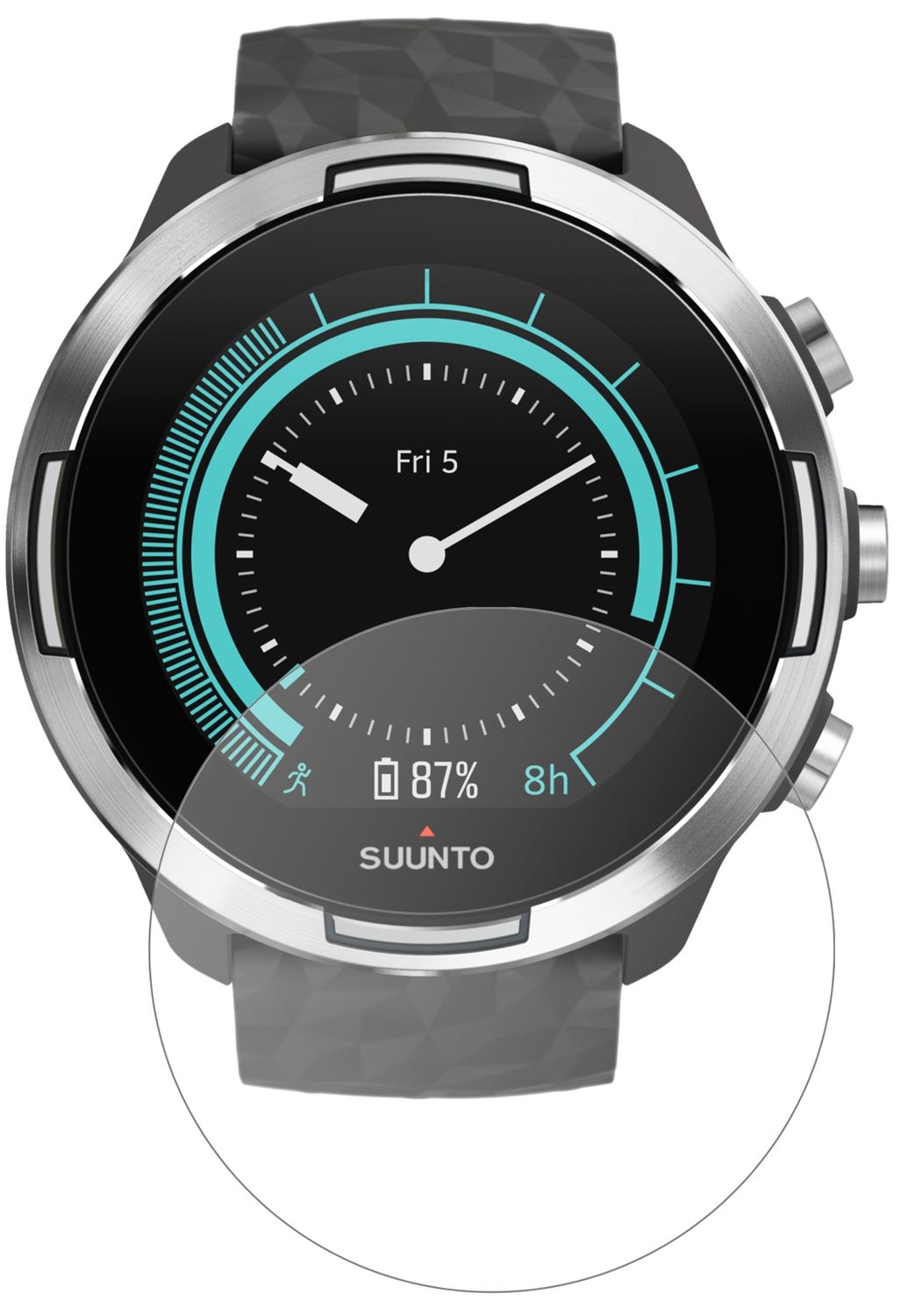 Suunto9 mit aufgebrachter dipos Panzerfolie, die lästige Fingerabdrücke minimiert