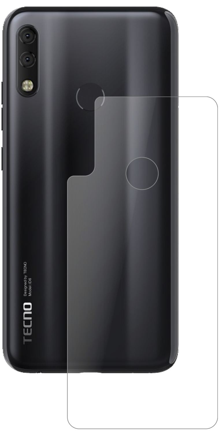 TecnoCamon 11 Pro Rückseite mit aufgebrachter dipos Panzerfolie, die lästige Fingerabdrücke minimiert