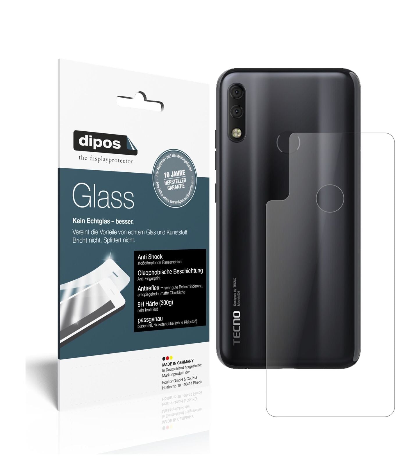 TecnoCamon 11 Pro Rückseite mit aufgebrachter dipos Panzerfolie, die lästige Fingerabdrücke minimiert