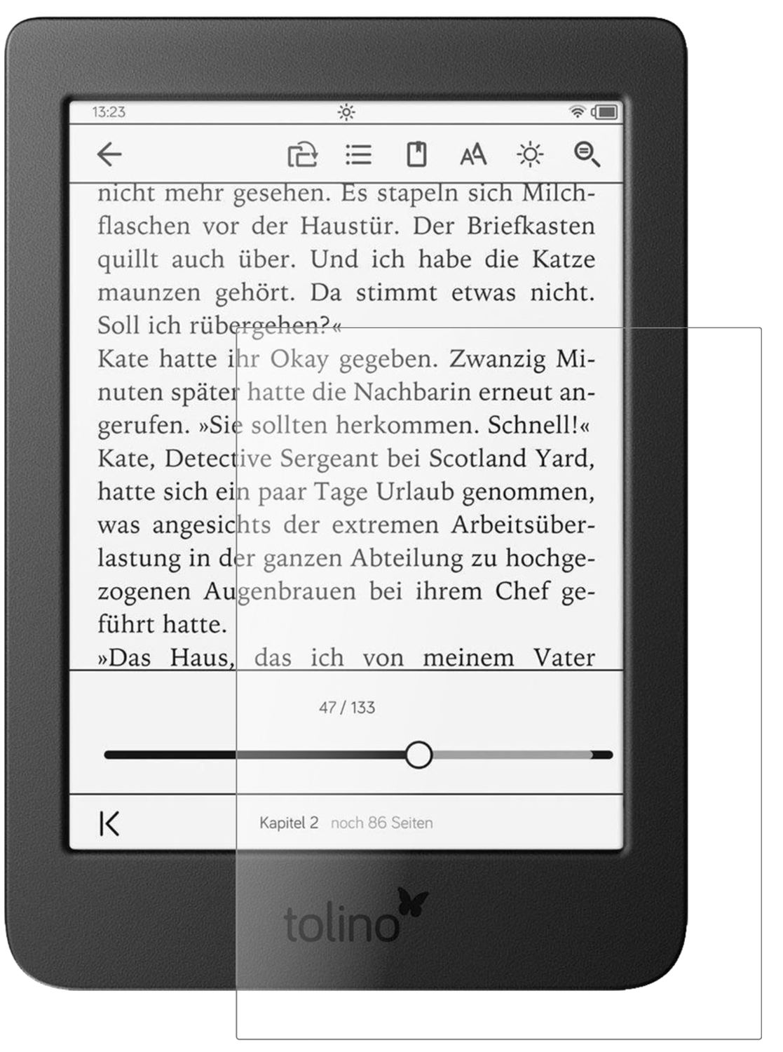 TolinoPage 2 mit aufgebrachter dipos Panzerfolie, die lästige Fingerabdrücke minimiert