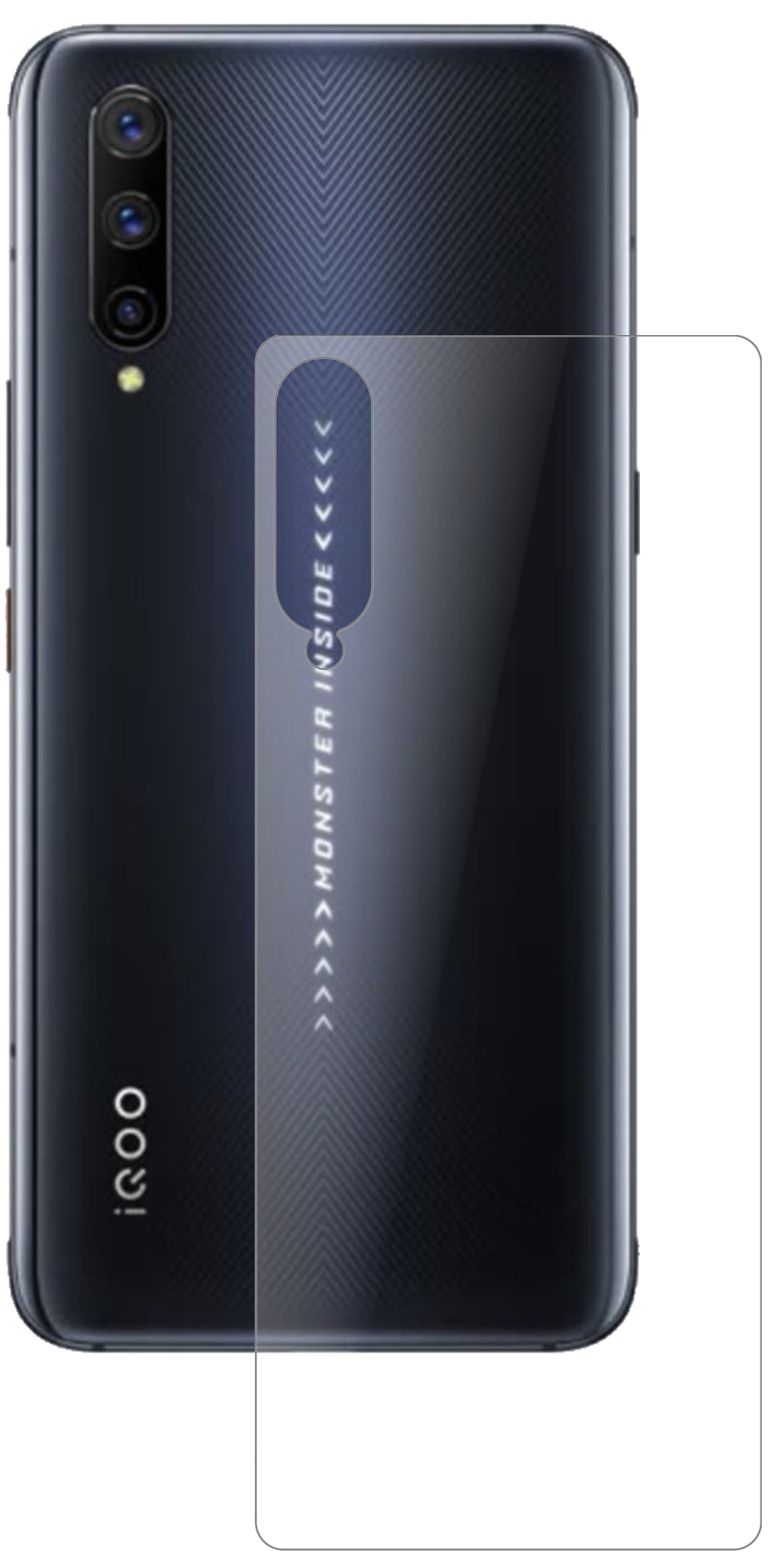 VivoIQOO Pro Rückseite mit aufgebrachter dipos Panzerfolie, die lästige Fingerabdrücke minimiert