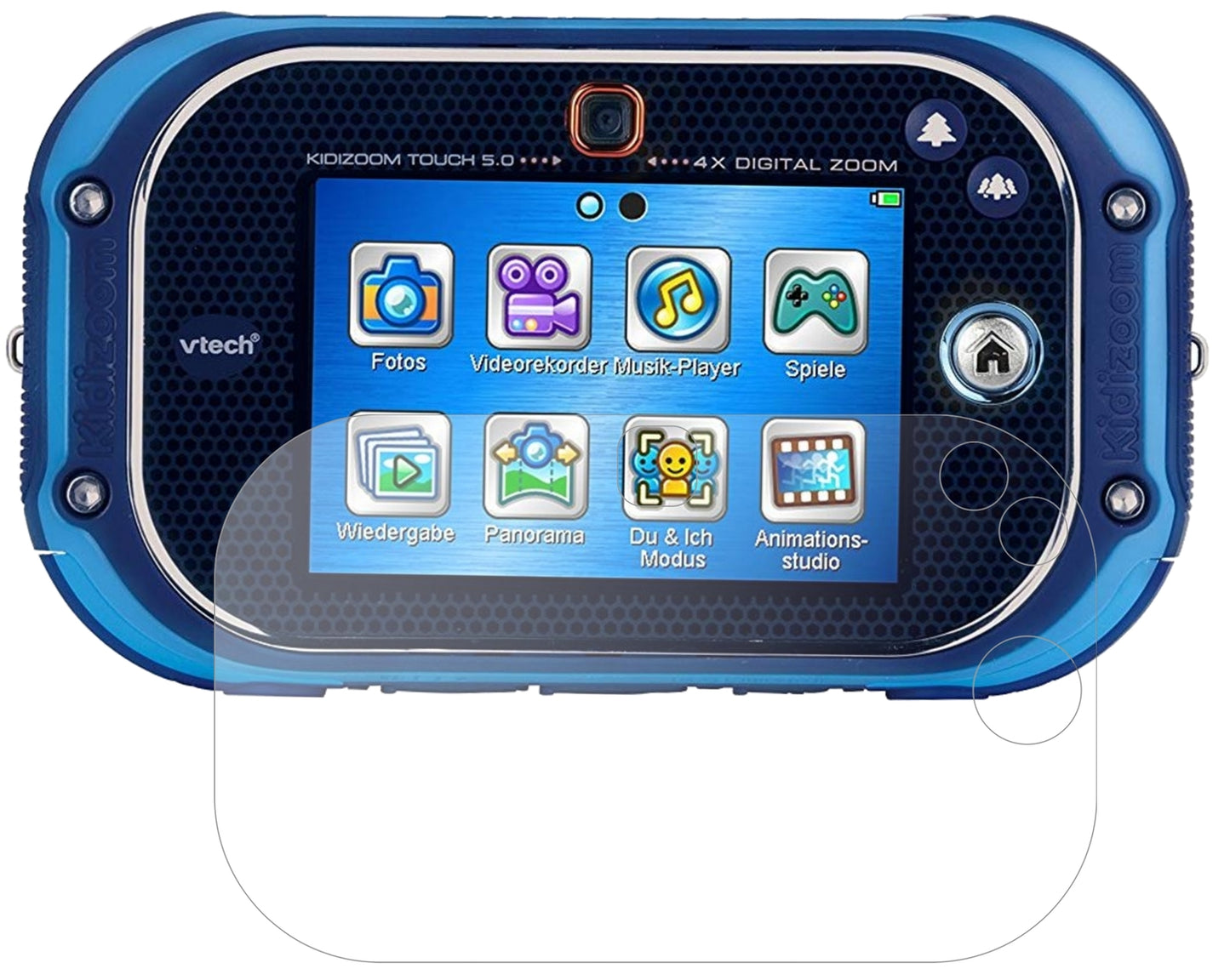 VtechKidizoom Touch 5.0 mit aufgebrachter dipos Panzerfolie, die lästige Fingerabdrücke minimiert