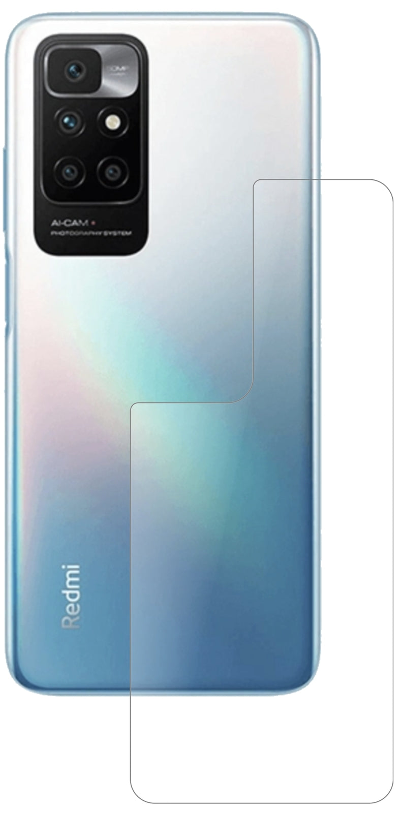 XiaomiRedmi 10 Rückseite mit aufgebrachter dipos Panzerfolie, die lästige Fingerabdrücke minimiert