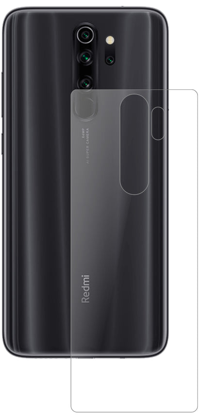 XiaomiRedmi Note 8 Rückseite mit aufgebrachter dipos Panzerfolie, die lästige Fingerabdrücke minimiert