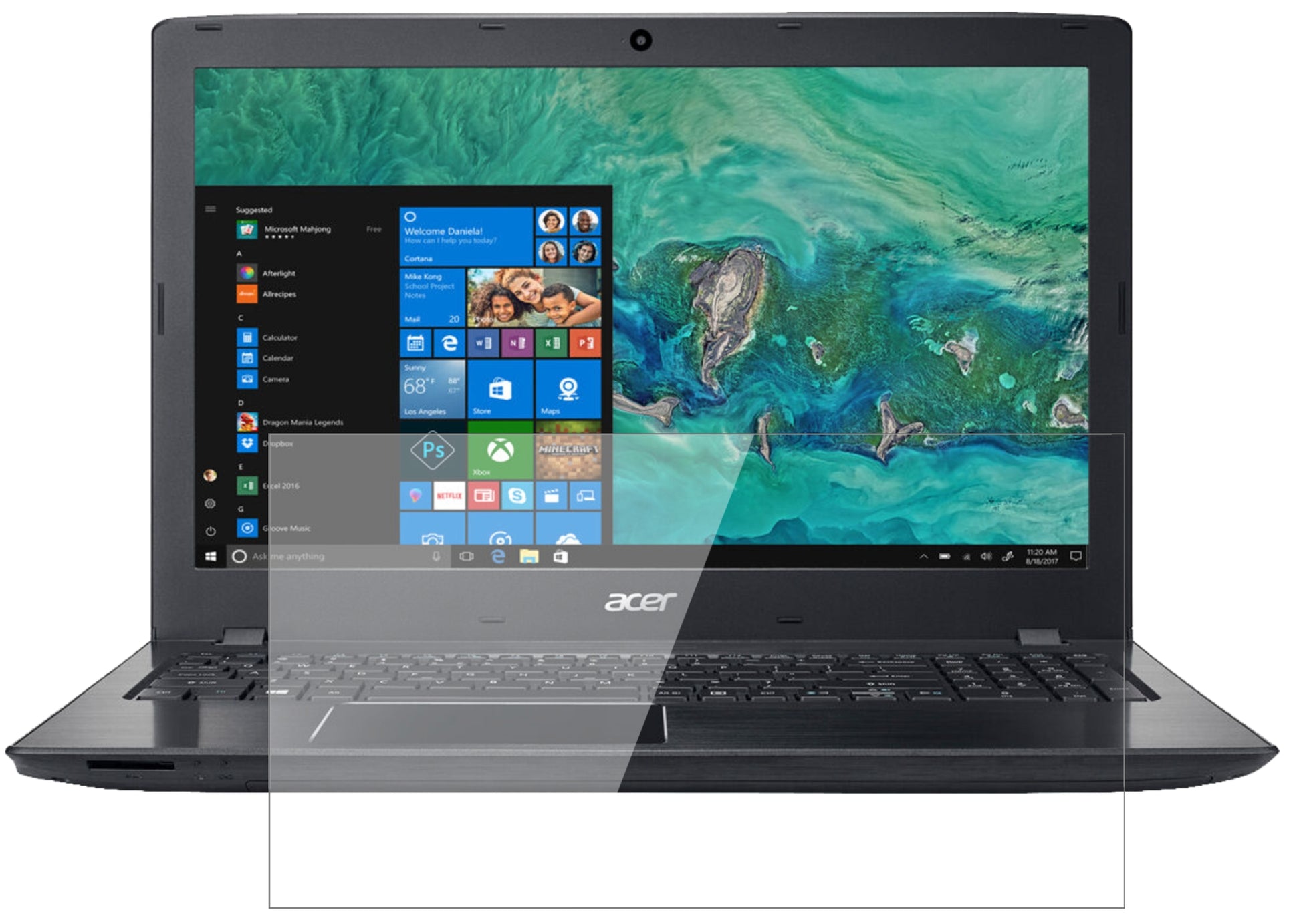 AcerAspire ES 15 mit aufgebrachter dipos Flex Schutzfolie, glasklare Darstellung ohne Einschränkungen