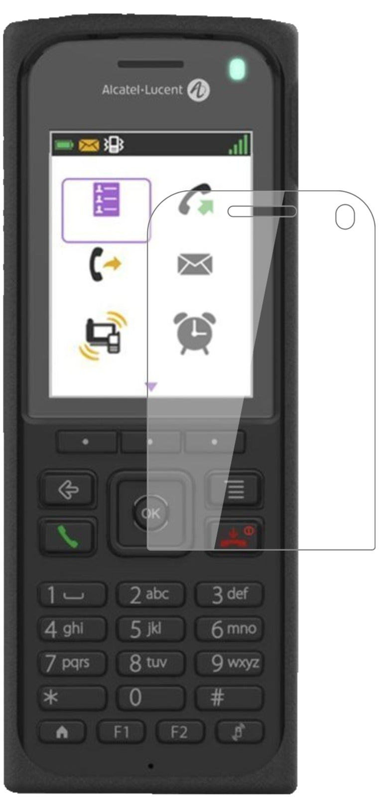 Alcatel8262EX mit aufgebrachter dipos Flex Schutzfolie, glasklare Darstellung ohne Einschränkungen