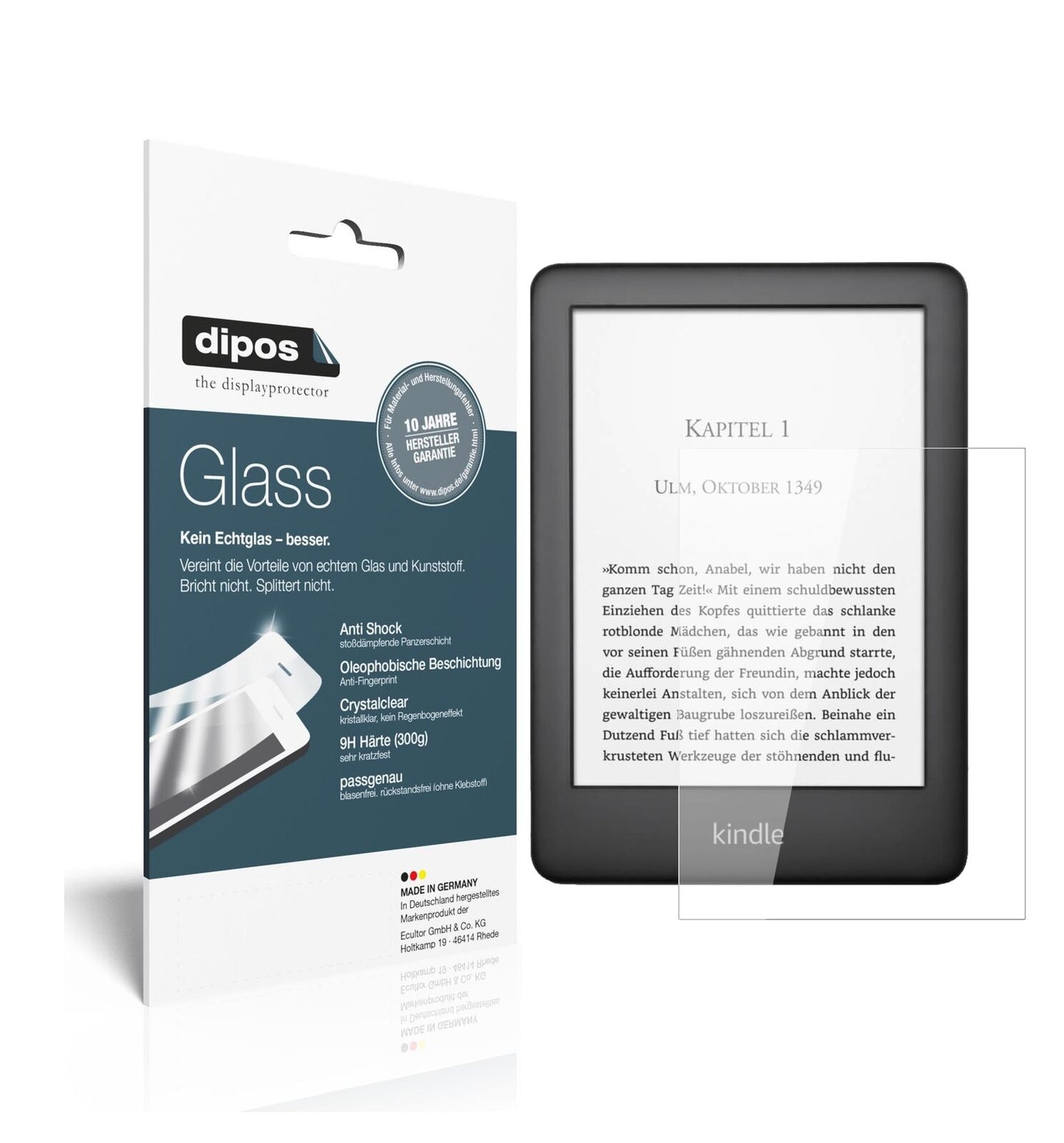 AmazonKindle E-Reader der 10. Generation (2019) mit aufgebrachter dipos Flex Schutzfolie, glasklare Darstellung ohne Einschränkungen