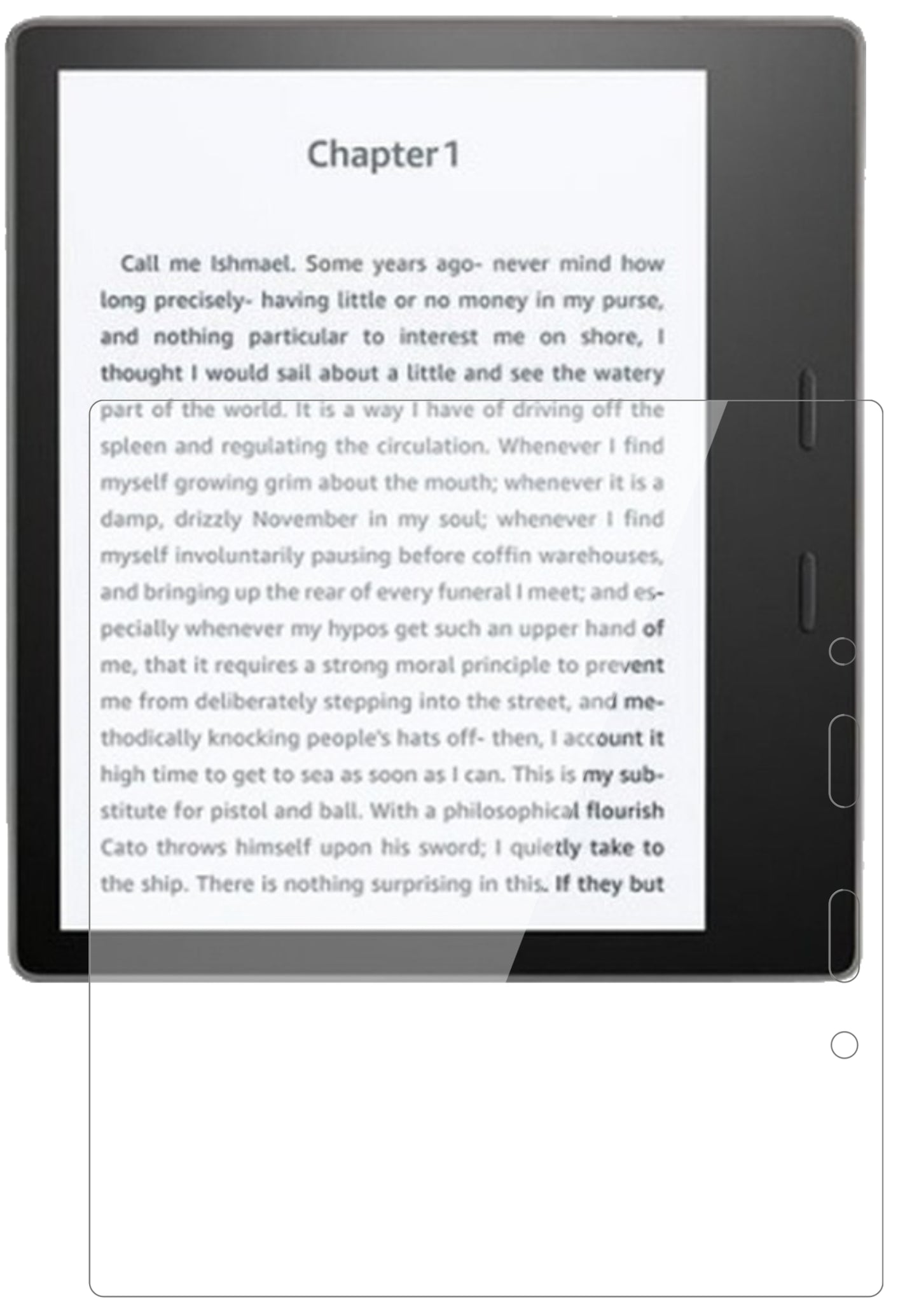 AmazonKindle Oasis (2019) mit aufgebrachter dipos Flex Schutzfolie, glasklare Darstellung ohne Einschränkungen