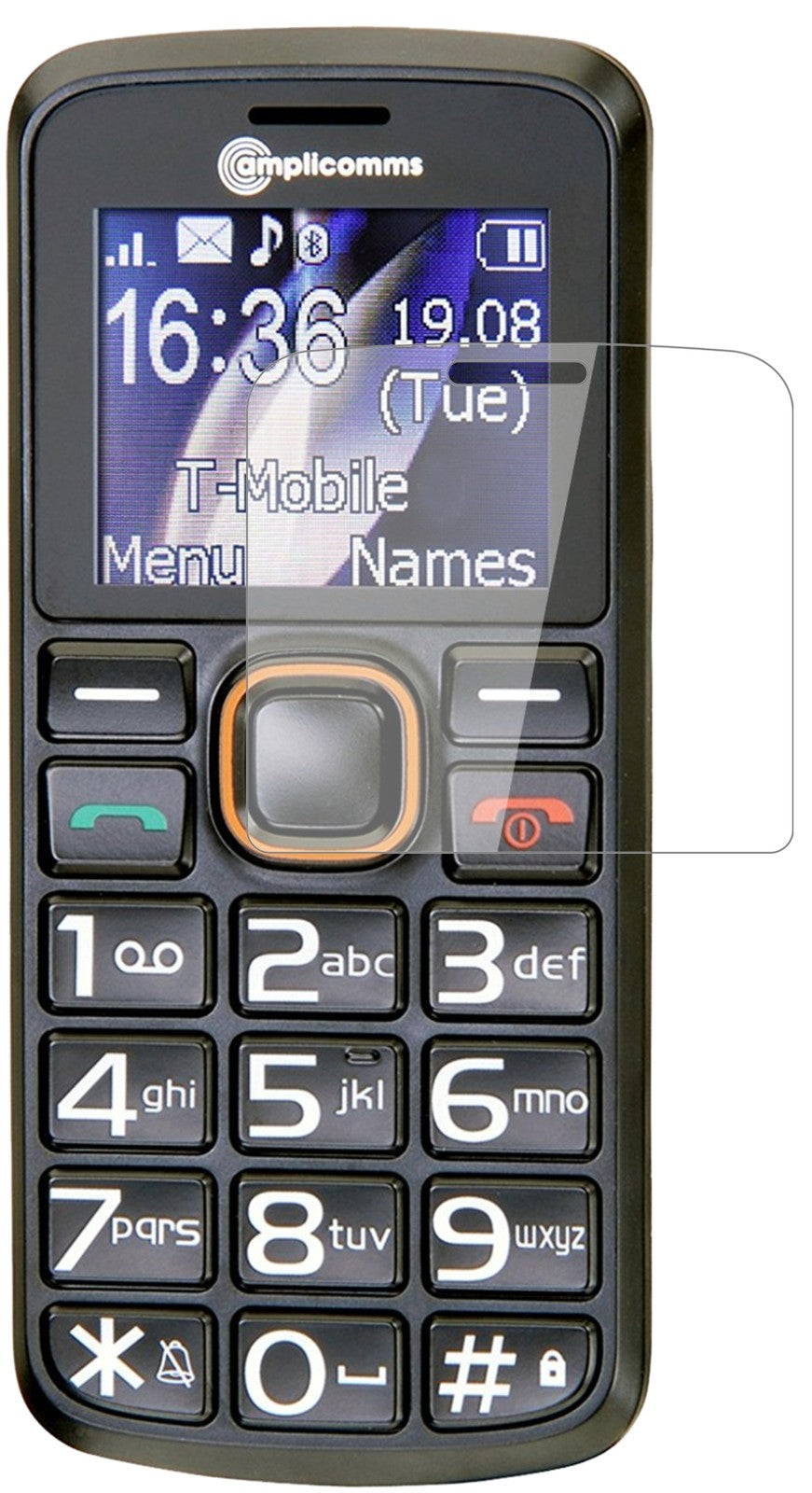 AmplicommsPowerTel M6300 mit aufgebrachter dipos Flex Schutzfolie, glasklare Darstellung ohne Einschränkungen