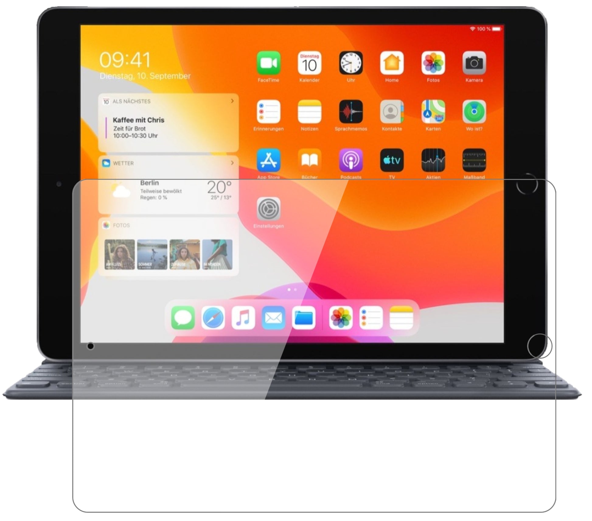 AppleiPad 10.2 Zoll (2019) mit aufgebrachter dipos Flex Schutzfolie, glasklare Darstellung ohne Einschränkungen
