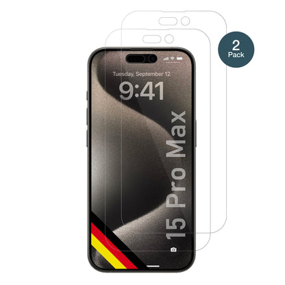 AppleiPhone 15 Pro Max mit aufgebrachter dipos Flex Schutzfolie, glasklare Darstellung ohne Einschränkungen