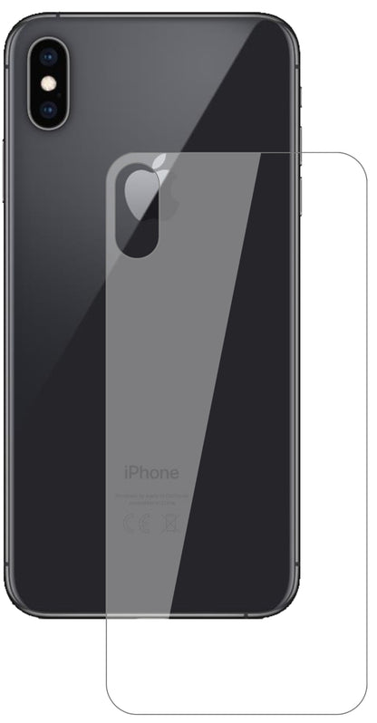 AppleiPhone XS Max Rückseite mit aufgebrachter dipos Flex Schutzfolie, glasklare Darstellung ohne Einschränkungen