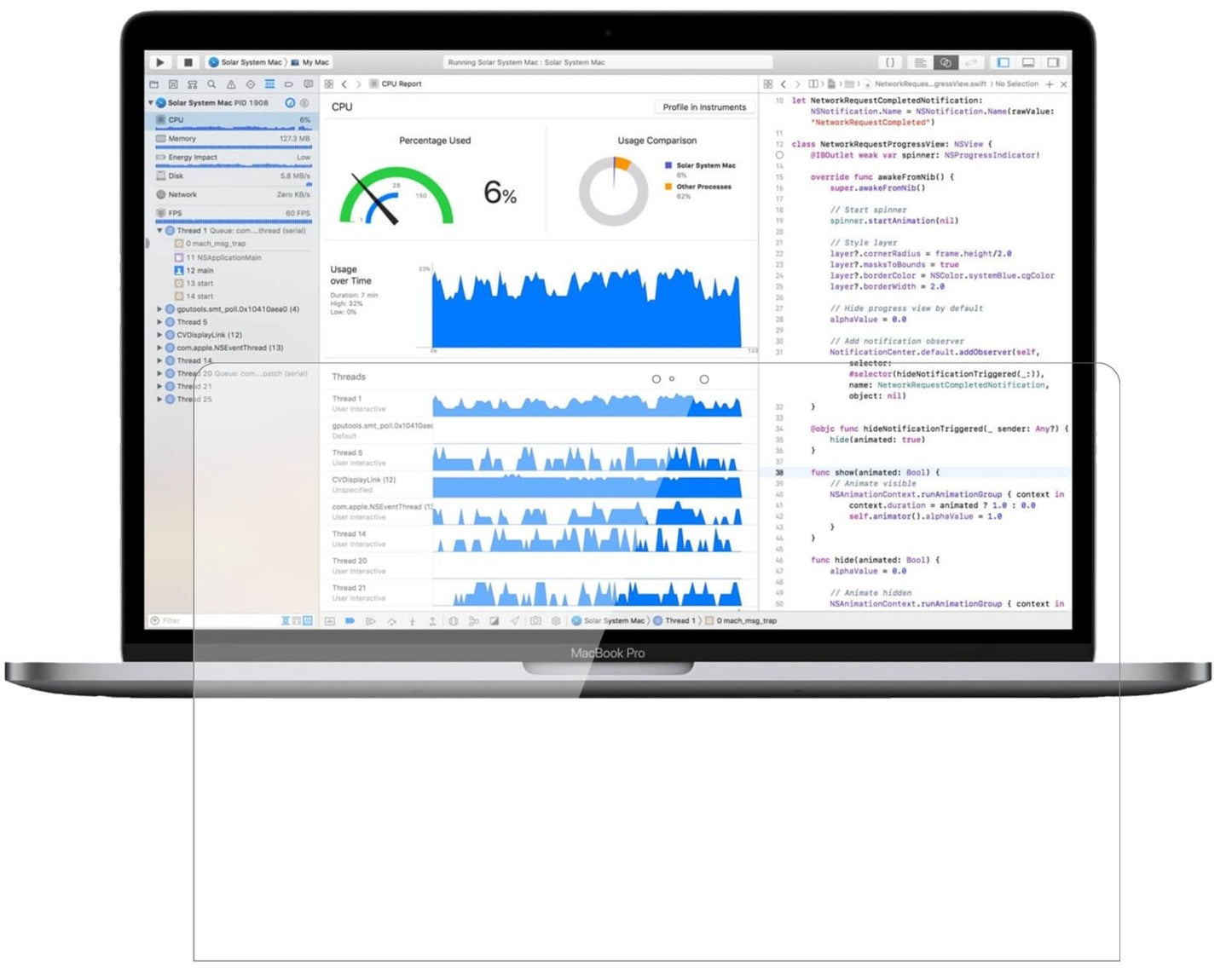 AppleMacBook Pro 15 Zoll (2019) mit aufgebrachter dipos Flex Schutzfolie, glasklare Darstellung ohne Einschränkungen