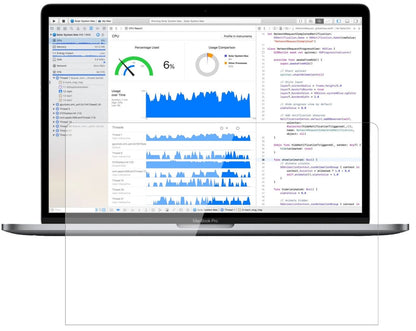 AppleMacBook Pro 15 Zoll (2019) mit aufgebrachter dipos Flex Schutzfolie, glasklare Darstellung ohne Einschränkungen