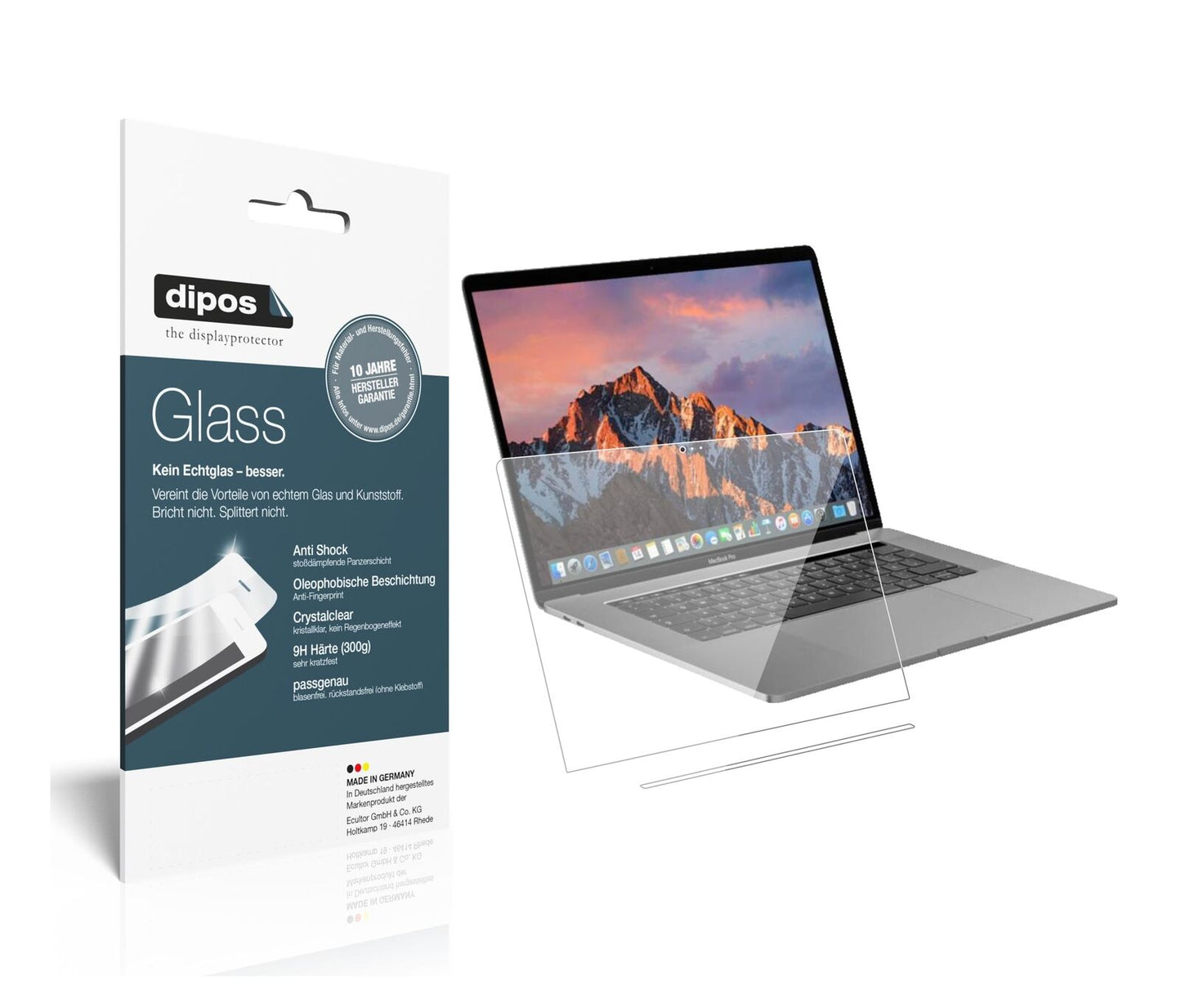 AppleMacBook Pro 15 Zoll (2019) Touchbar mit aufgebrachter dipos Flex Schutzfolie, glasklare Darstellung ohne Einschränkungen