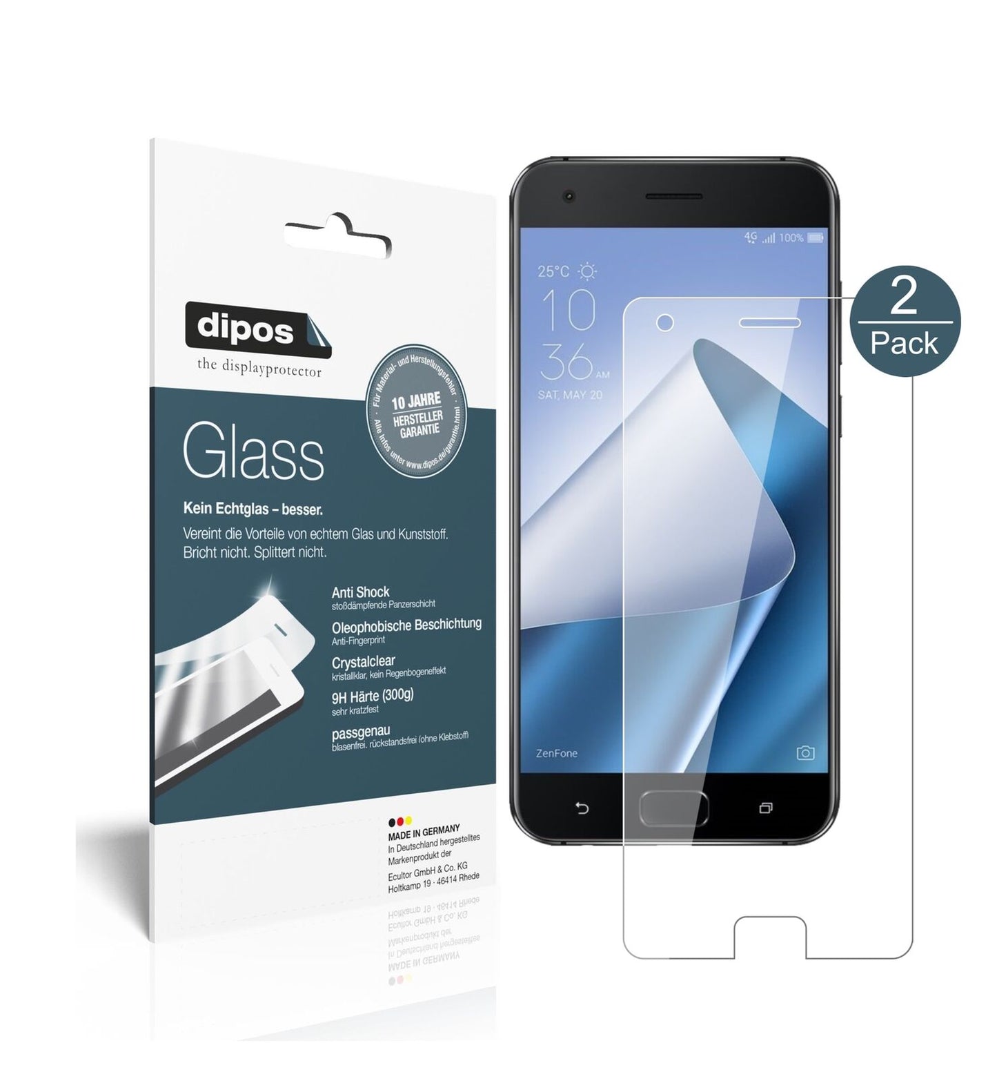 AsusZenFone 4 Pro ZS551KL mit aufgebrachter dipos Flex Schutzfolie, glasklare Darstellung ohne Einschränkungen