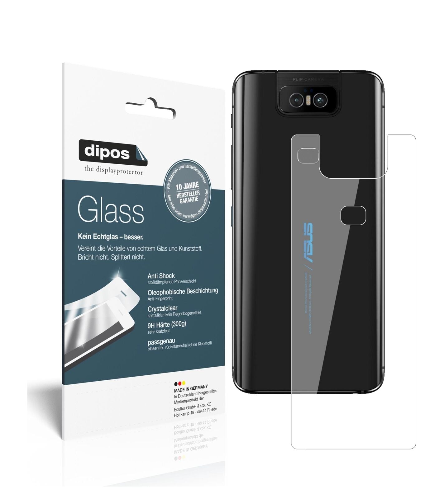 AsusZenfone 6 (ZS630KL) Rückseite mit aufgebrachter dipos Flex Schutzfolie, glasklare Darstellung ohne Einschränkungen