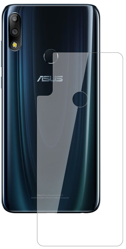 AsusZenFone Max Pro (M2) Rückseite mit aufgebrachter dipos Flex Schutzfolie, glasklare Darstellung ohne Einschränkungen