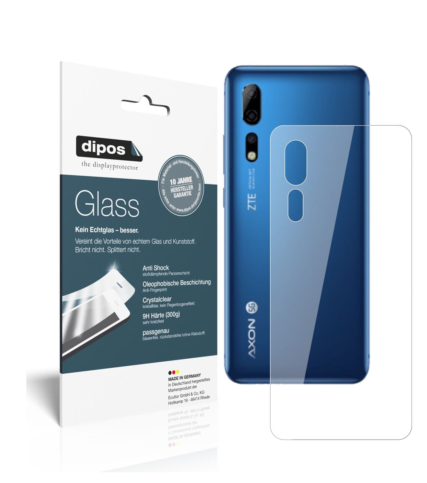 Axon10 Pro Rückseite mit aufgebrachter dipos Flex Schutzfolie, glasklare Darstellung ohne Einschränkungen