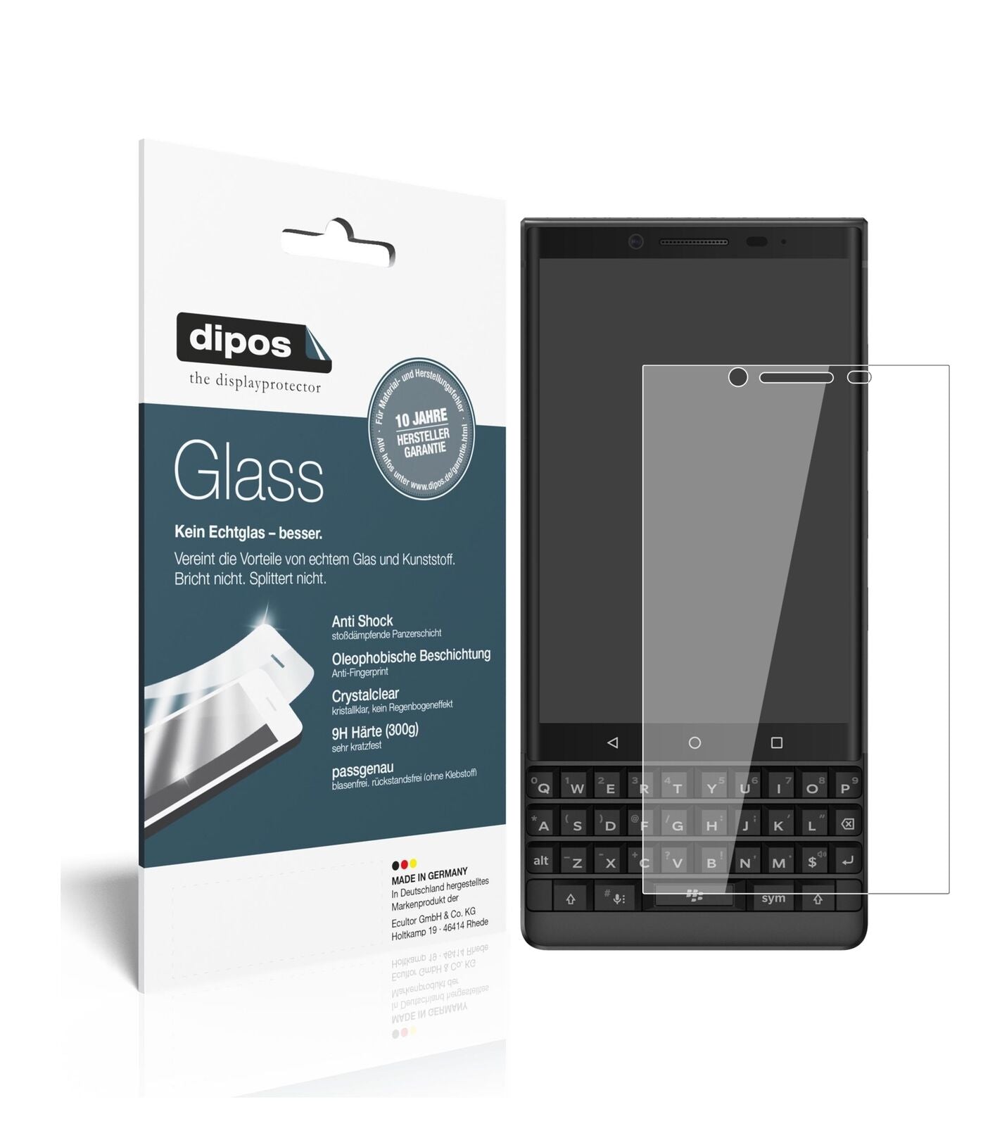 BlackberryKey 2 mit aufgebrachter dipos Flex Schutzfolie, glasklare Darstellung ohne Einschränkungen
