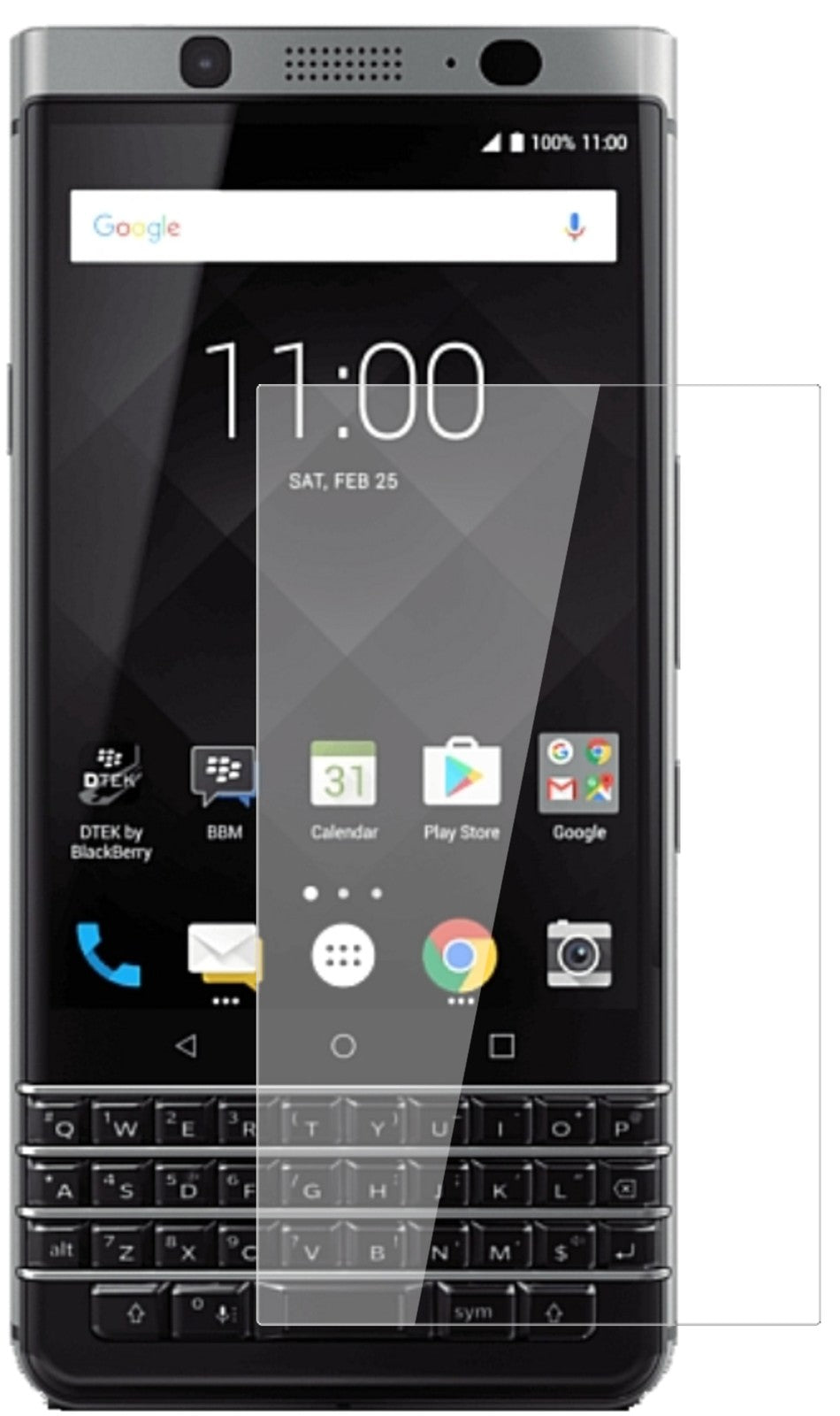BlackberryKeyOne mit aufgebrachter dipos Flex Schutzfolie, glasklare Darstellung ohne Einschränkungen