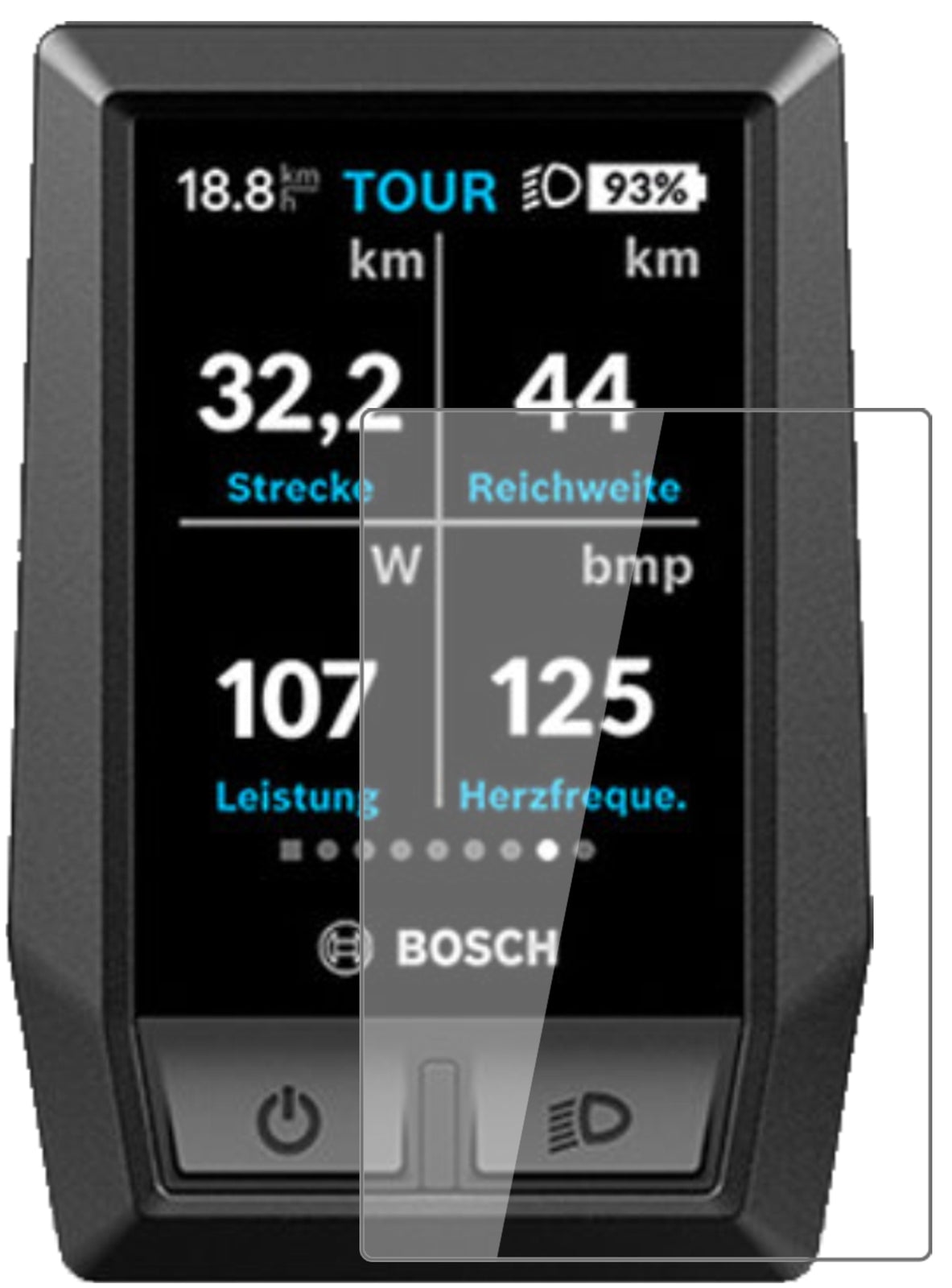 BoschKiox e-Bike Display mit aufgebrachter dipos Flex Schutzfolie, glasklare Darstellung ohne Einschränkungen