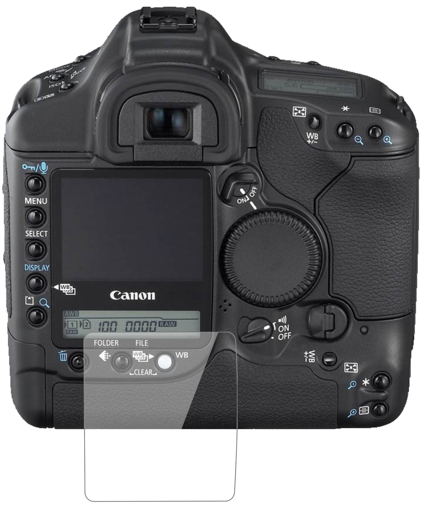CanonEos 1D Mark II N mit aufgebrachter dipos Flex Schutzfolie, glasklare Darstellung ohne Einschränkungen
