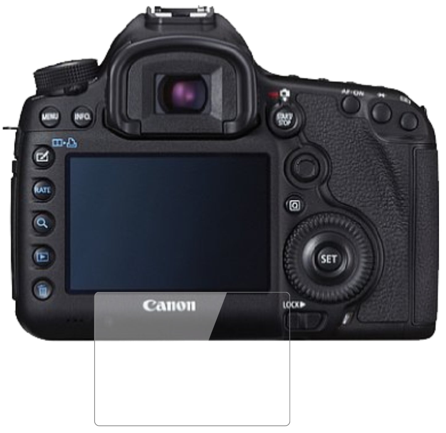 CanonEOS 5D Mark III mit aufgebrachter dipos Flex Schutzfolie, glasklare Darstellung ohne Einschränkungen