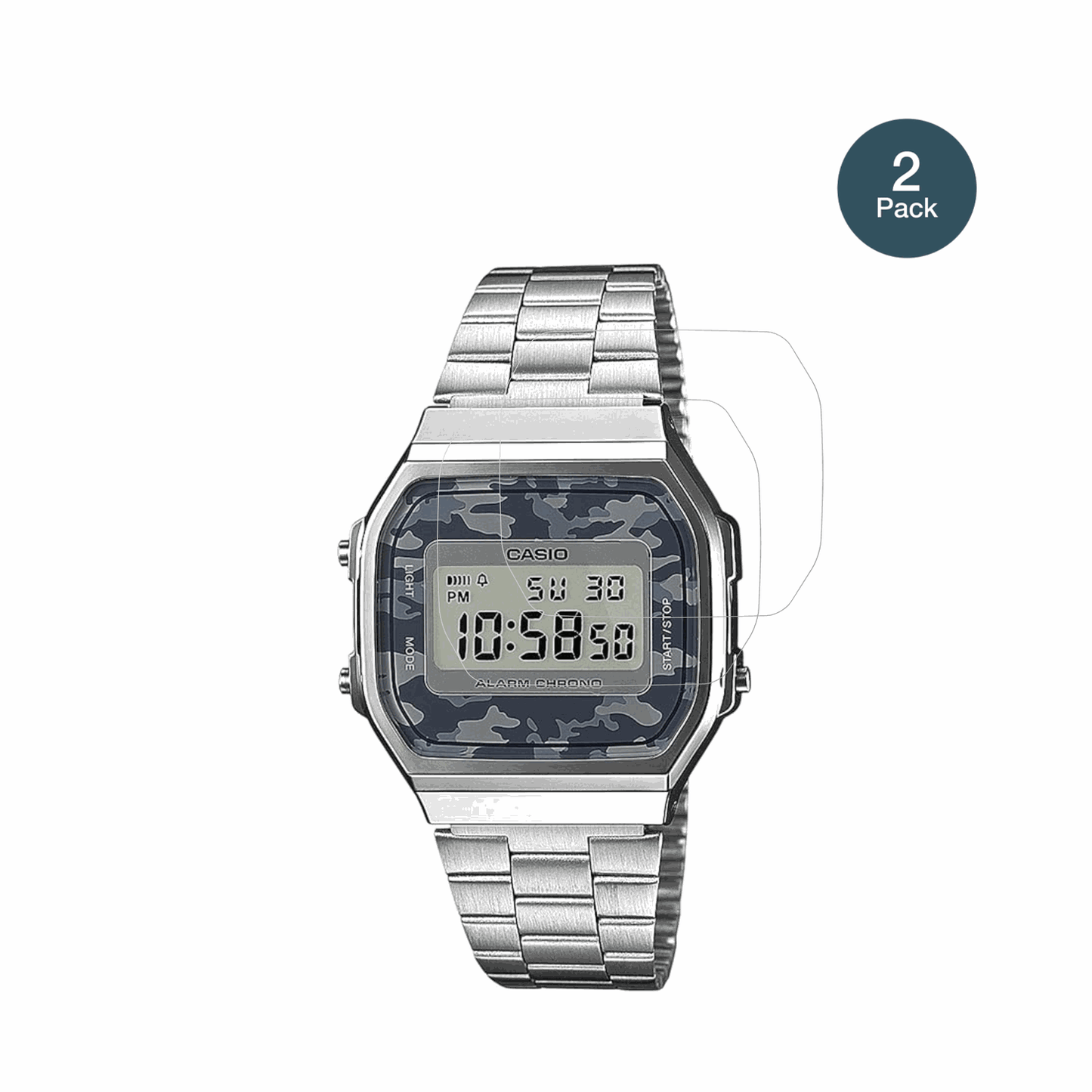 CasioA168WEC-1EF mit aufgebrachter dipos Flex Schutzfolie, glasklare Darstellung ohne Einschr�nkungen