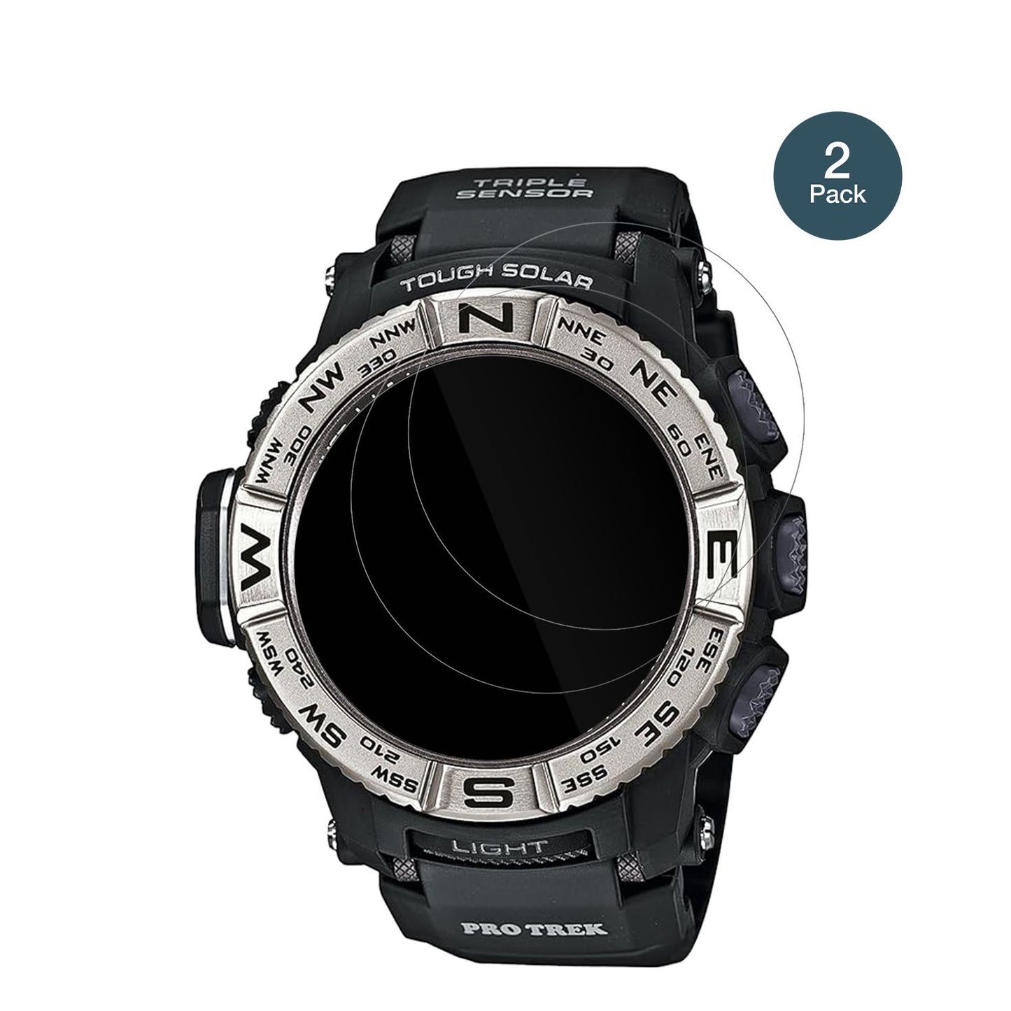 CasioPro Trek PRW-3500-1 mit aufgebrachter dipos Flex Schutzfolie, glasklare Darstellung ohne Einschränkungen