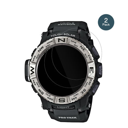 CasioPro Trek PRW-3500-1 mit aufgebrachter dipos Flex Schutzfolie, glasklare Darstellung ohne Einschränkungen