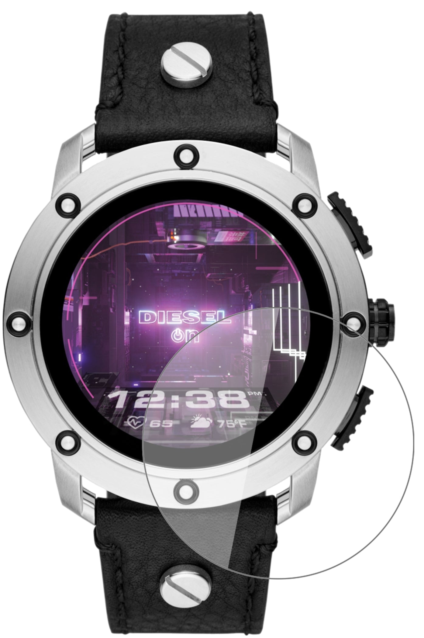 DieselOn Smartwatch Axial mit aufgebrachter dipos Flex Schutzfolie, glasklare Darstellung ohne Einschränkungen