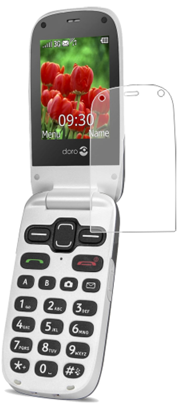 DoroSecure 628 mit aufgebrachter dipos Flex Schutzfolie, glasklare Darstellung ohne Einschränkungen