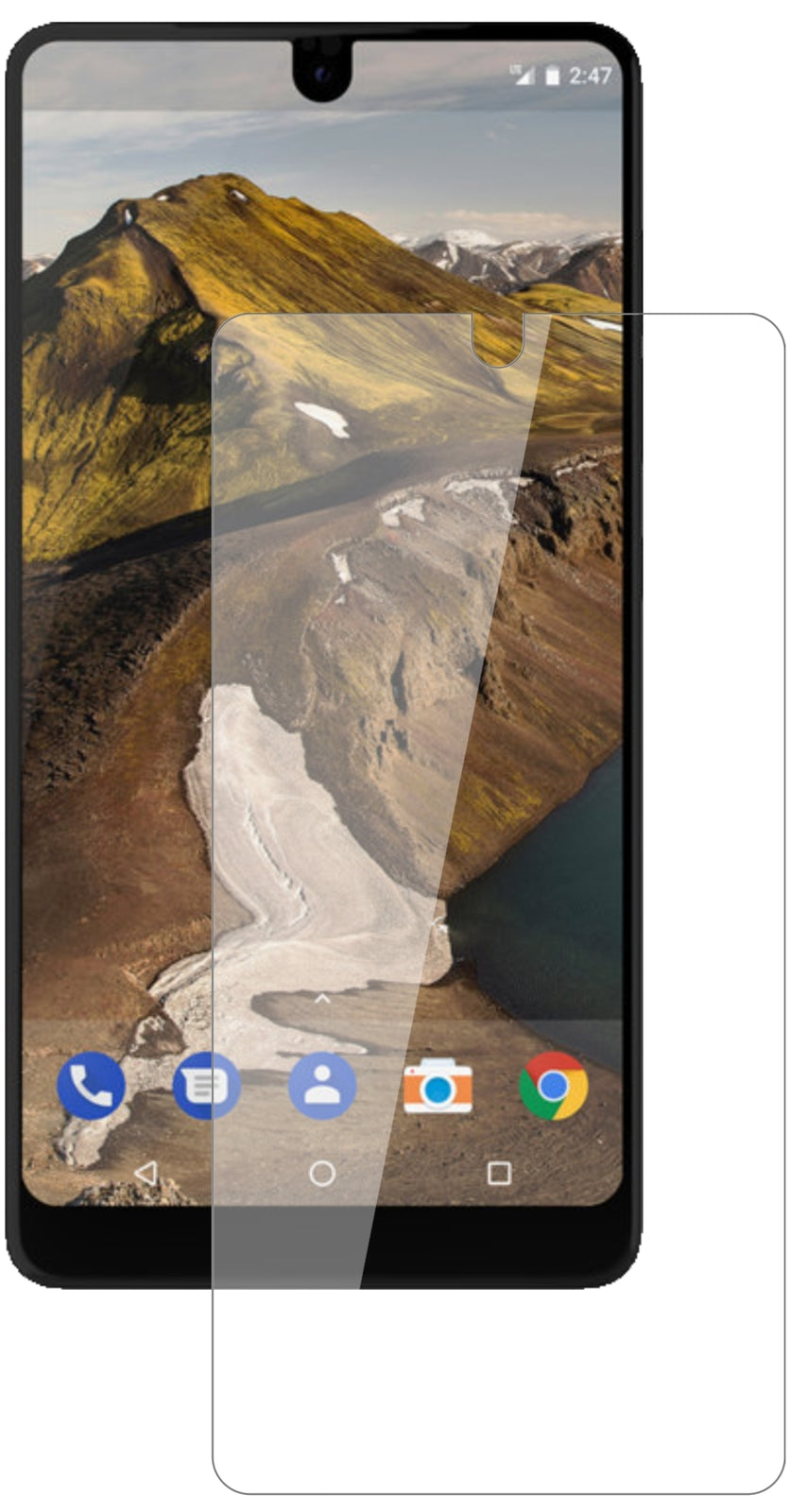 EssentialPhone mit aufgebrachter dipos Flex Schutzfolie, glasklare Darstellung ohne Einschränkungen
