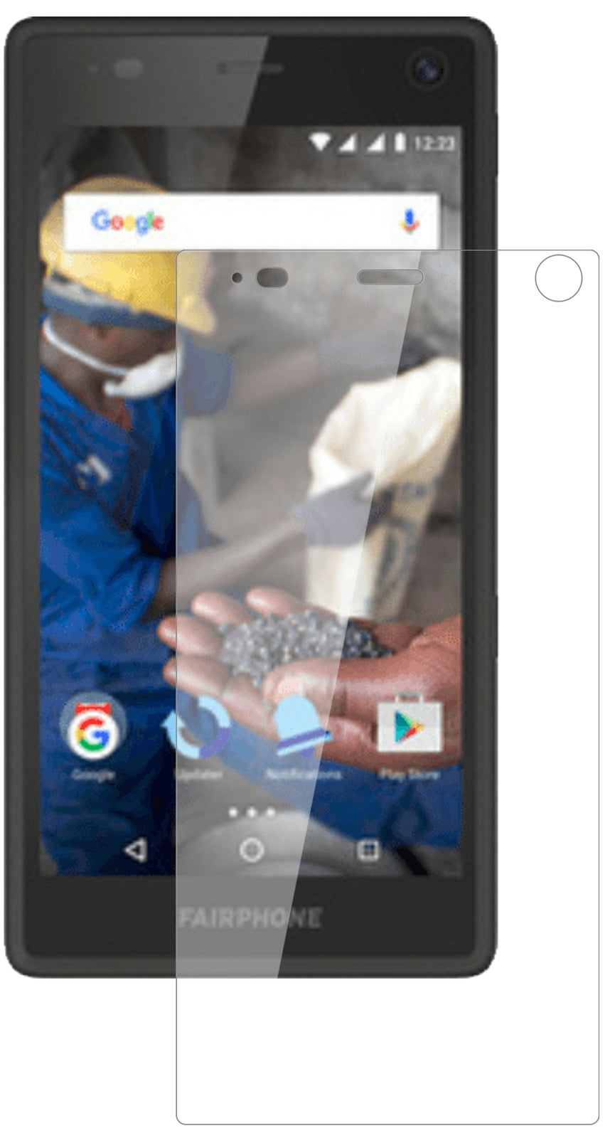 Fairphone2 mit aufgebrachter dipos Flex Schutzfolie, glasklare Darstellung ohne Einschränkungen