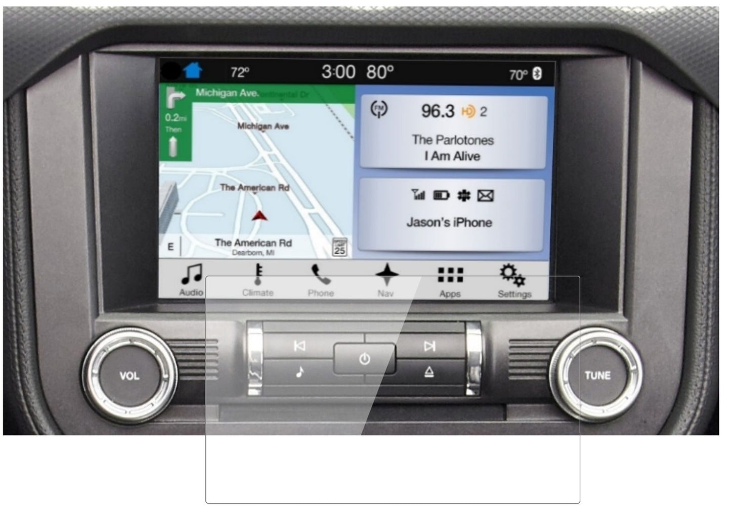 FordMustang Navi (ab BJ 2015) mit aufgebrachter dipos Flex Schutzfolie, glasklare Darstellung ohne Einschränkungen
