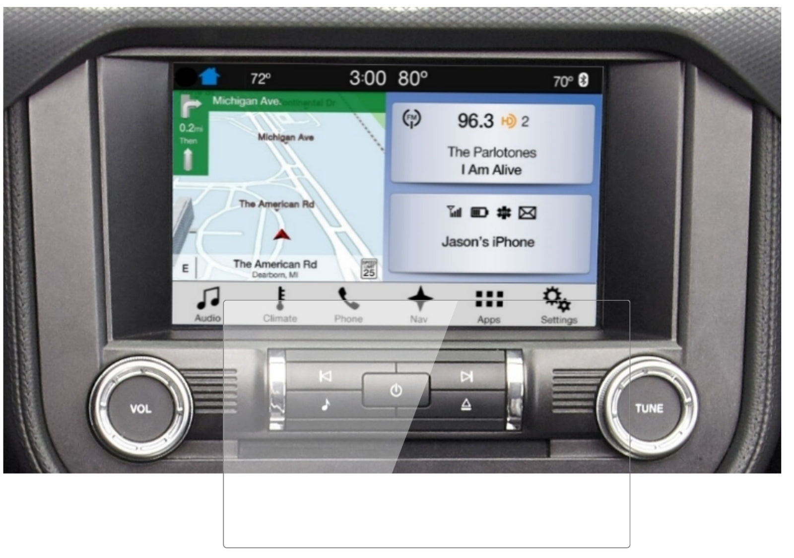 FordMustang Navi (ab BJ 2015) mit aufgebrachter dipos Flex Schutzfolie, glasklare Darstellung ohne Einschränkungen