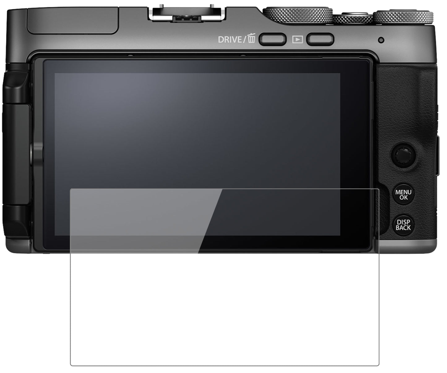 FujifilmX-A7 mit aufgebrachter dipos Flex Schutzfolie, glasklare Darstellung ohne Einschränkungen