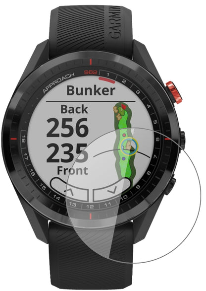GarminApproach S62 mit aufgebrachter dipos Flex Schutzfolie, glasklare Darstellung ohne Einschränkungen