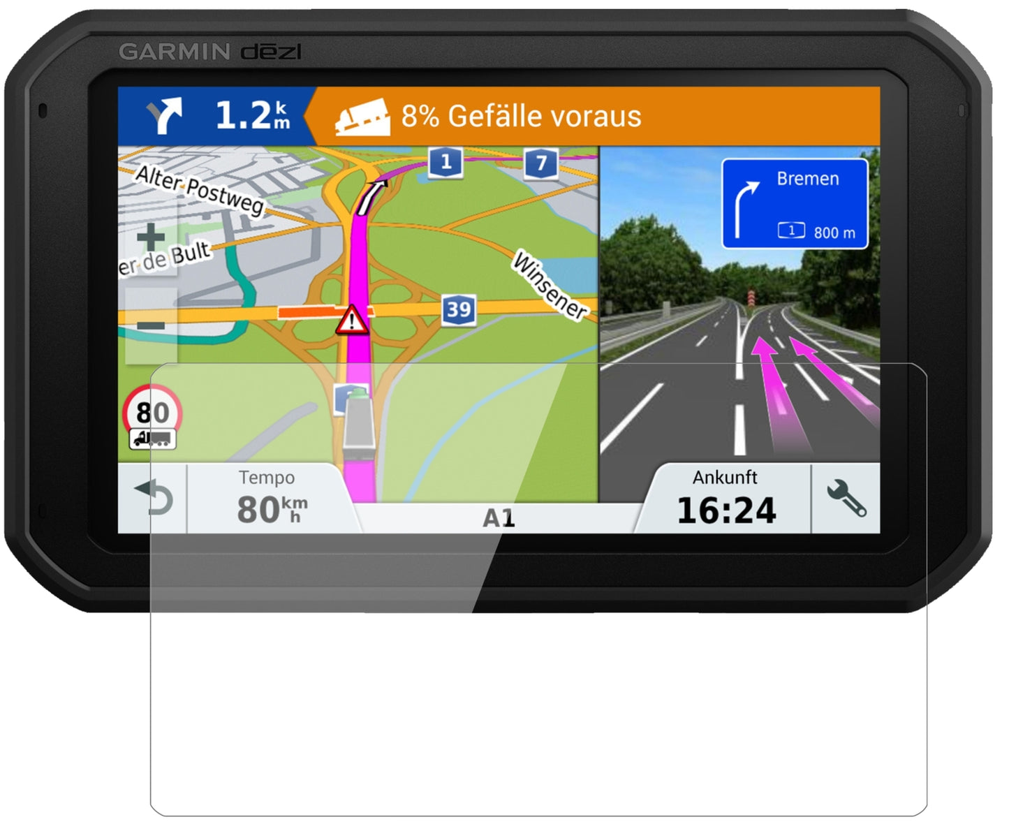 GarminDezlcam 785 LMT-D EU mit aufgebrachter dipos Flex Schutzfolie, glasklare Darstellung ohne Einschränkungen