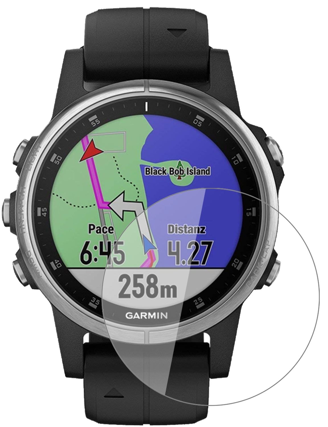 Garminfenix 5s Plus (42mm) mit aufgebrachter dipos Flex Schutzfolie, glasklare Darstellung ohne Einschränkungen